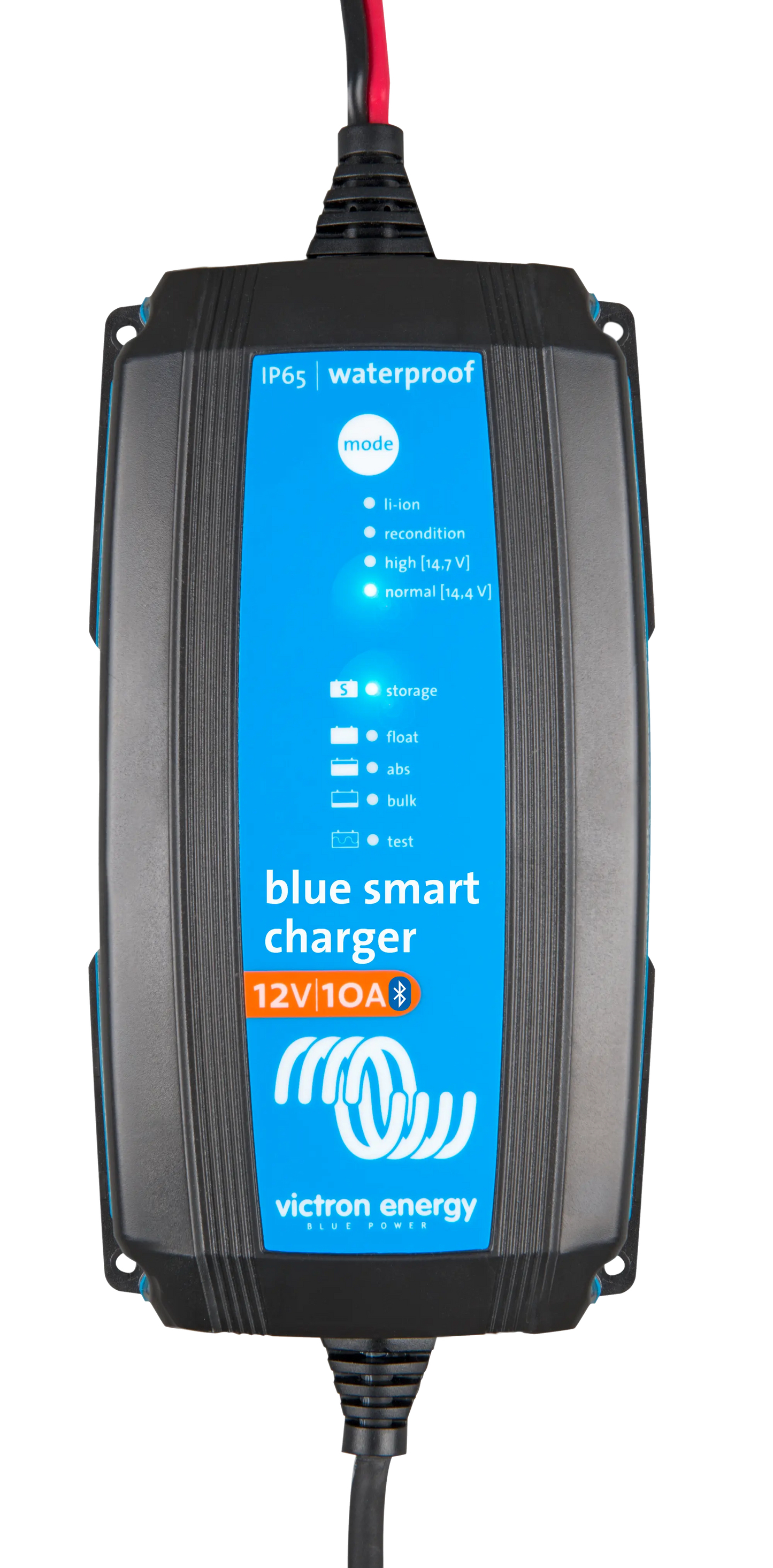 Blue smart charger with Victron Energy branding on a white background