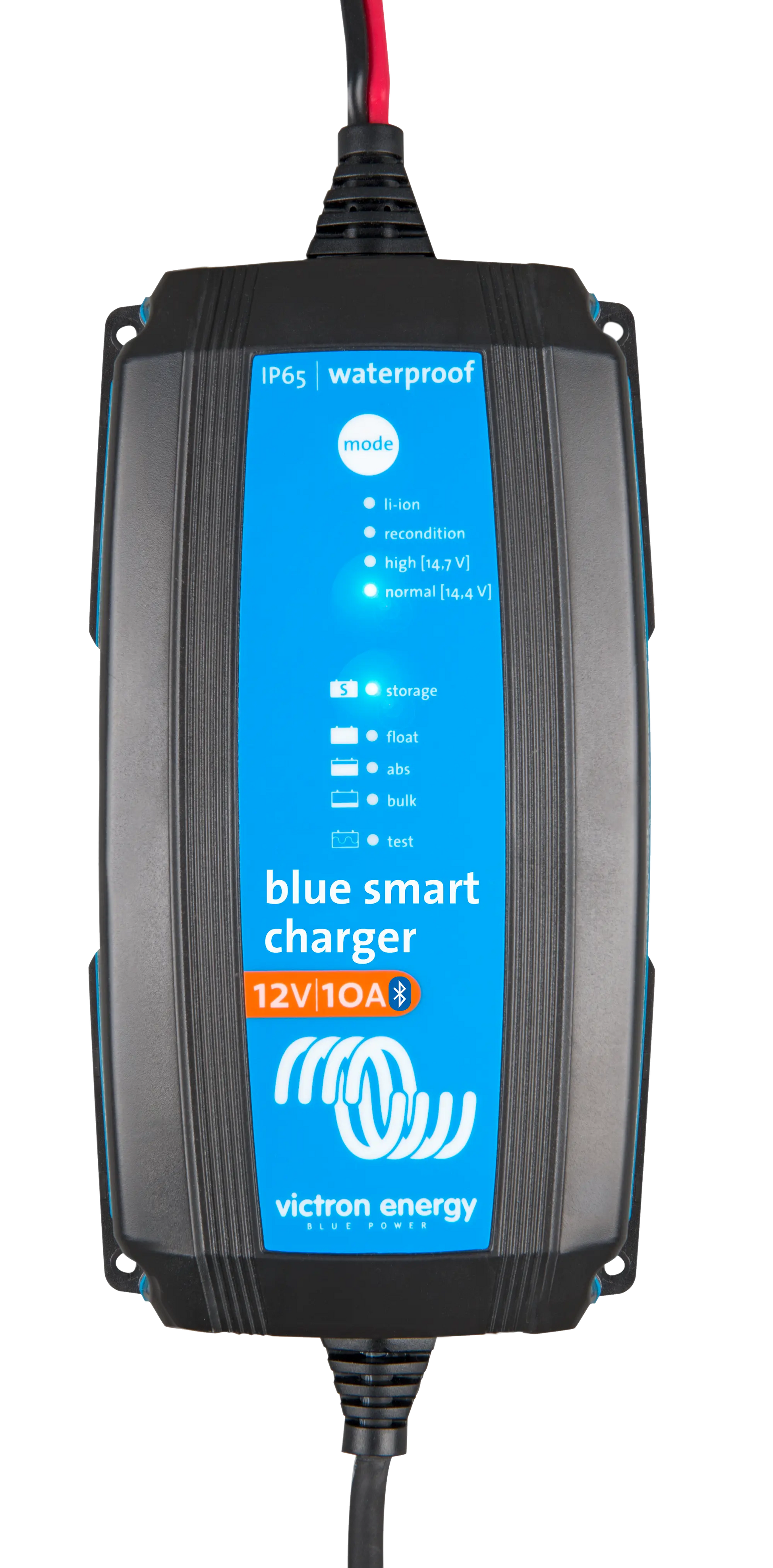Blue smart charger with Victron Energy branding on a white background
