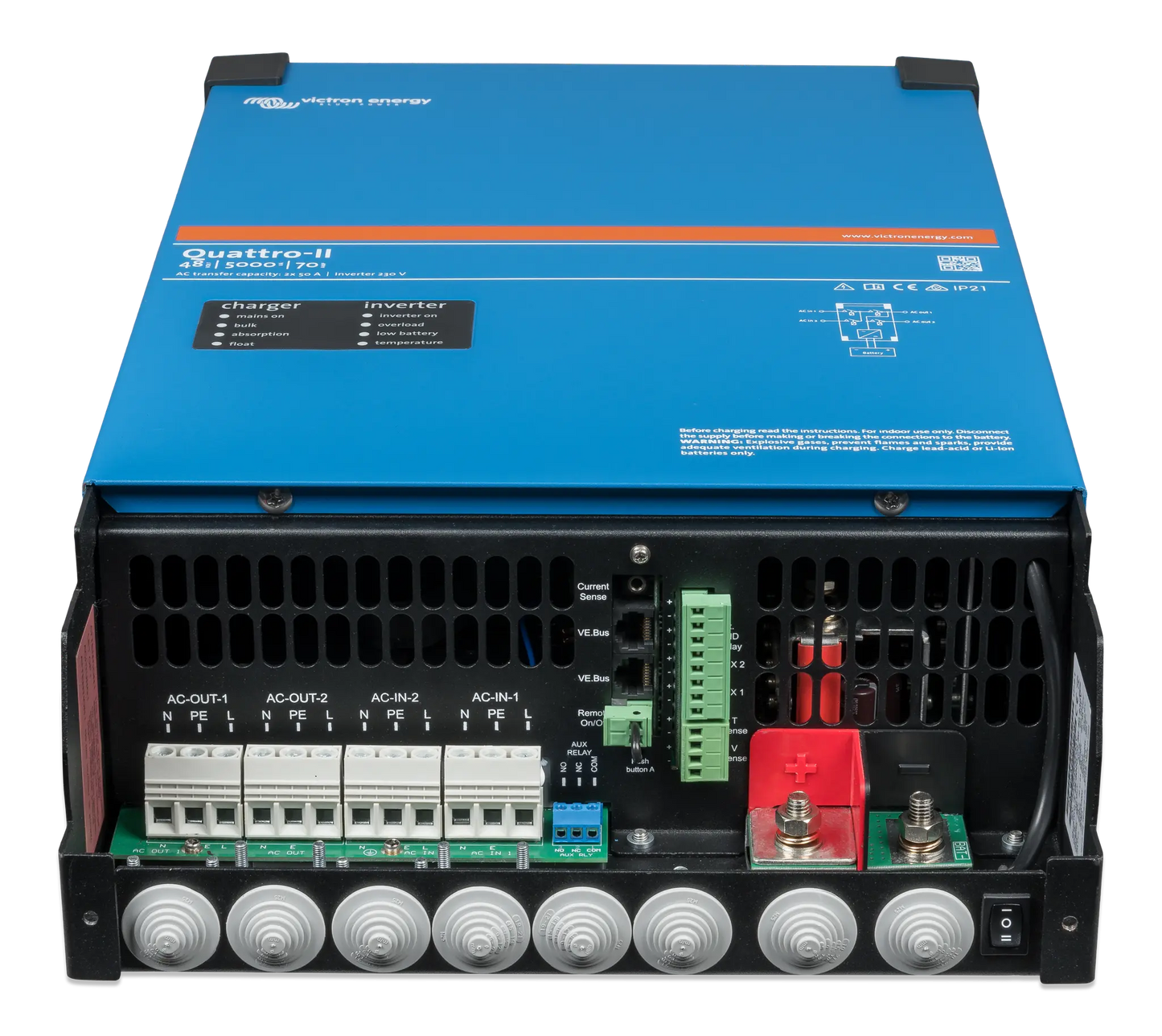 Blue power converter with visible branding on a white background