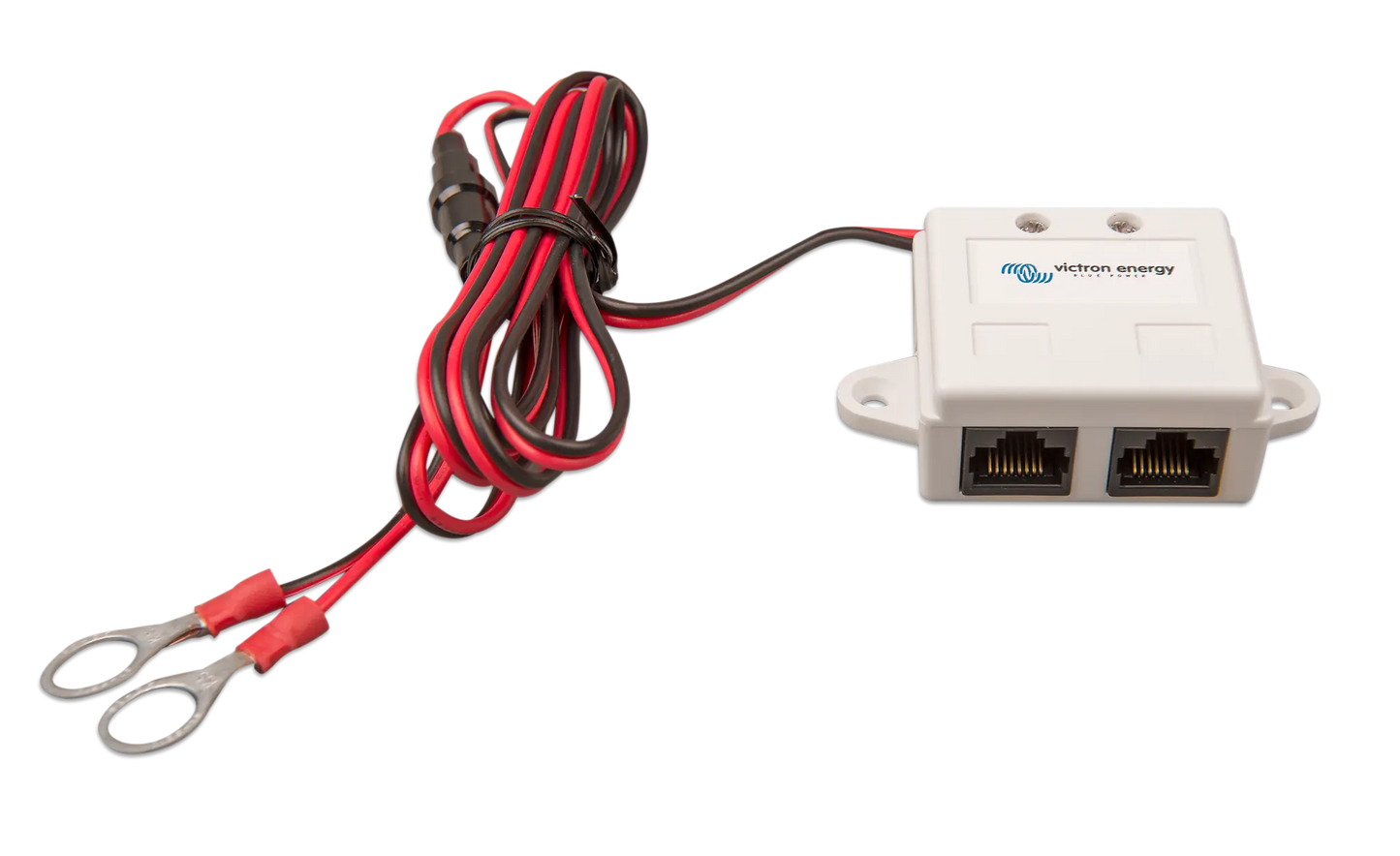 White electronic device with red and black wiring on a white background