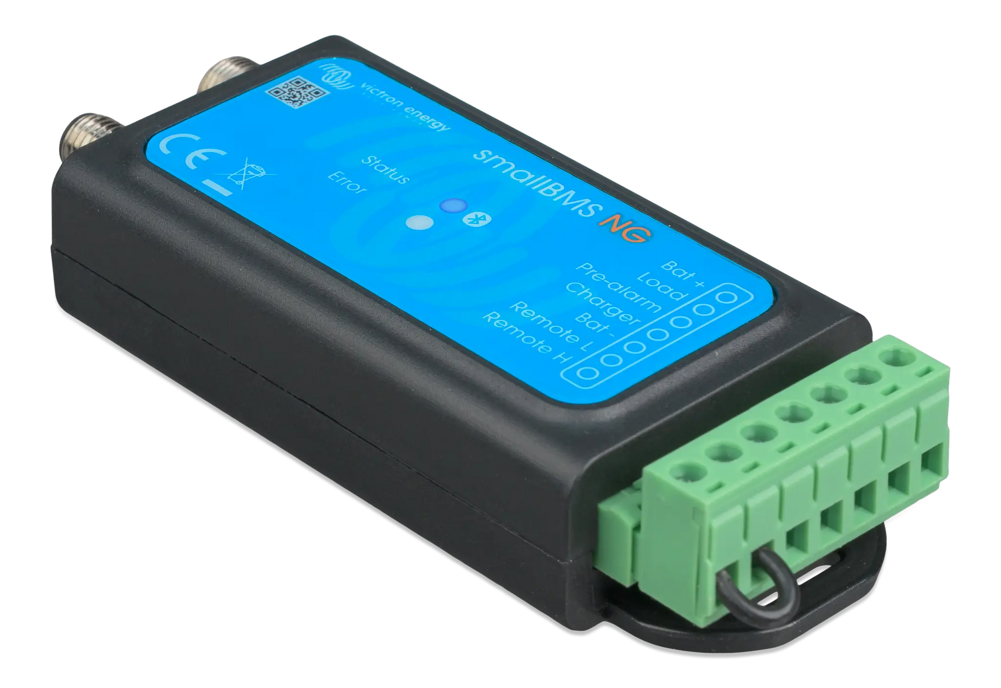 Electronic module with blue display and green connector on a white background