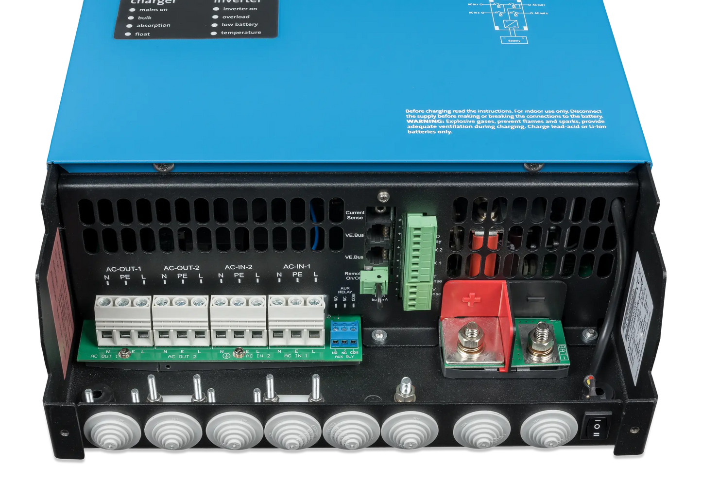 Back view of a power inverter with labeled components on a white background