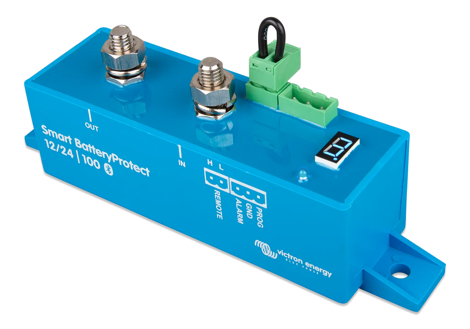 Blue battery protection device with visible branding on a white background