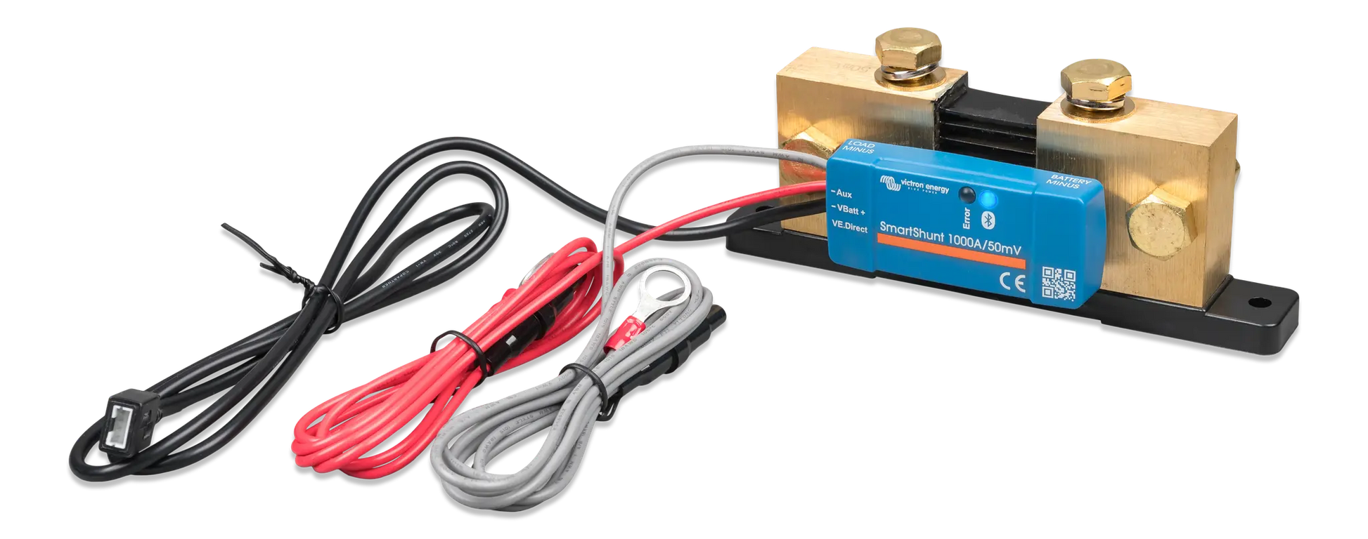 Electrical components including a brass valve, wiring, and a blue control module on a white background.