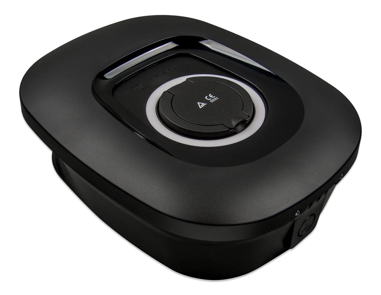 Black electronic device with circular component on a white background