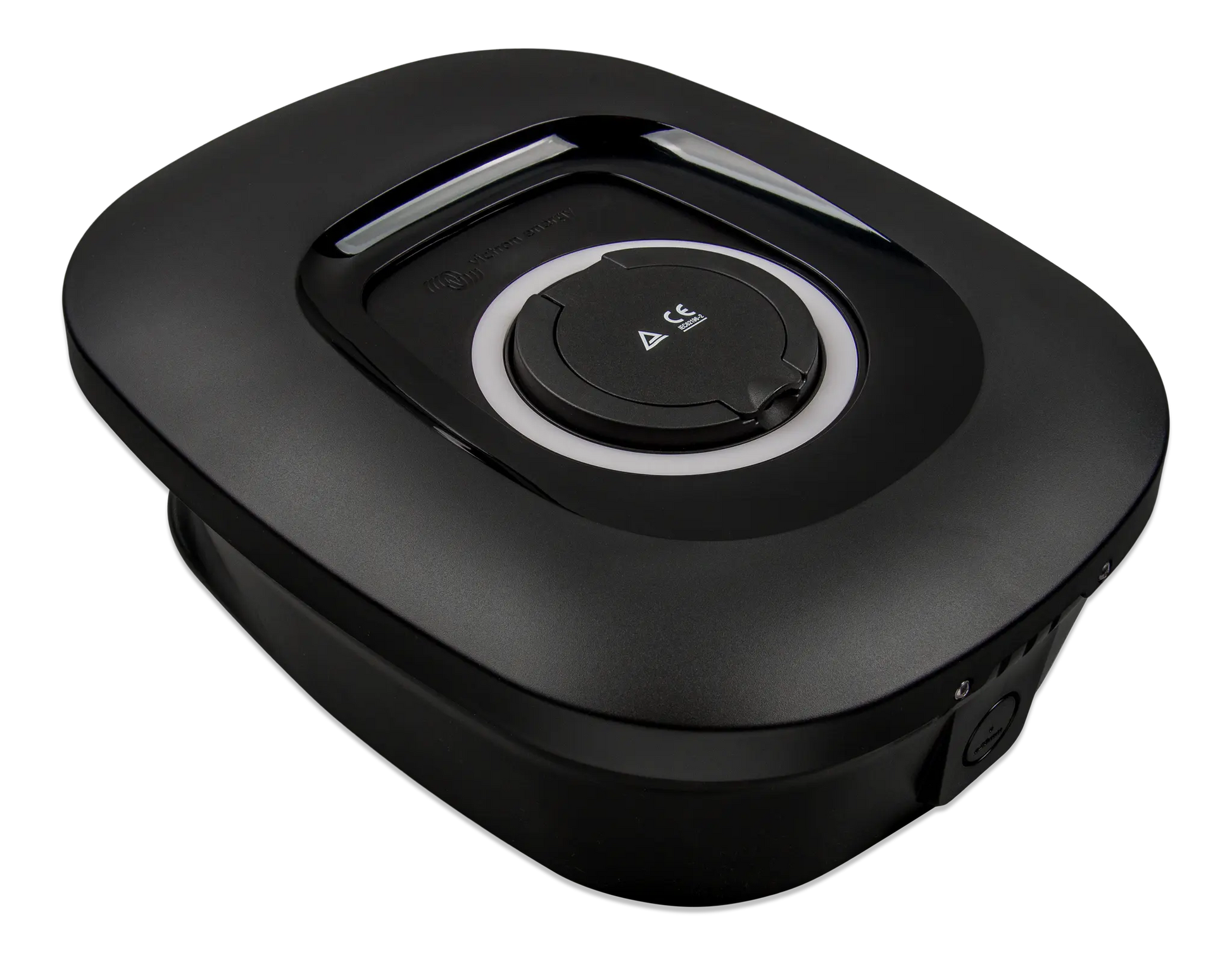 Black electronic device with circular component on a white background