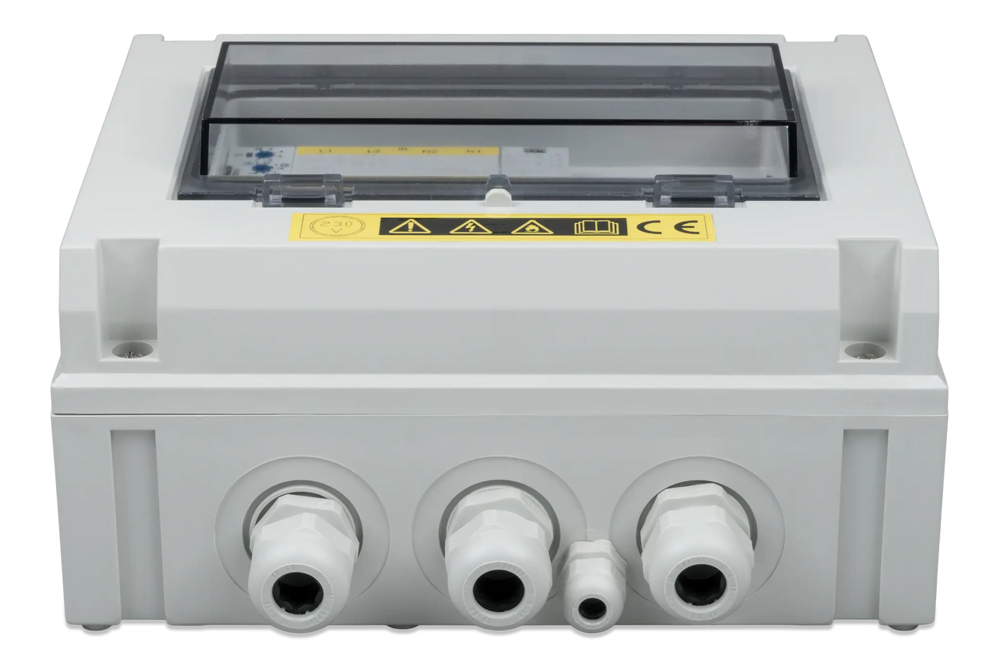 Mechanical device with connectors and warning labels on a white background