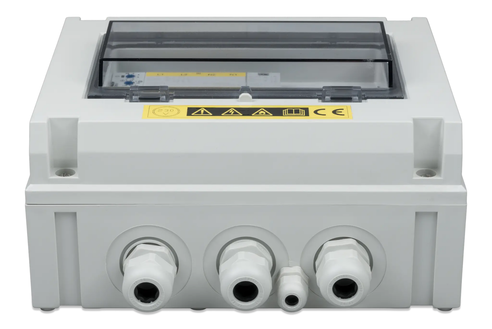 Mechanical device with connectors and warning labels on a white background