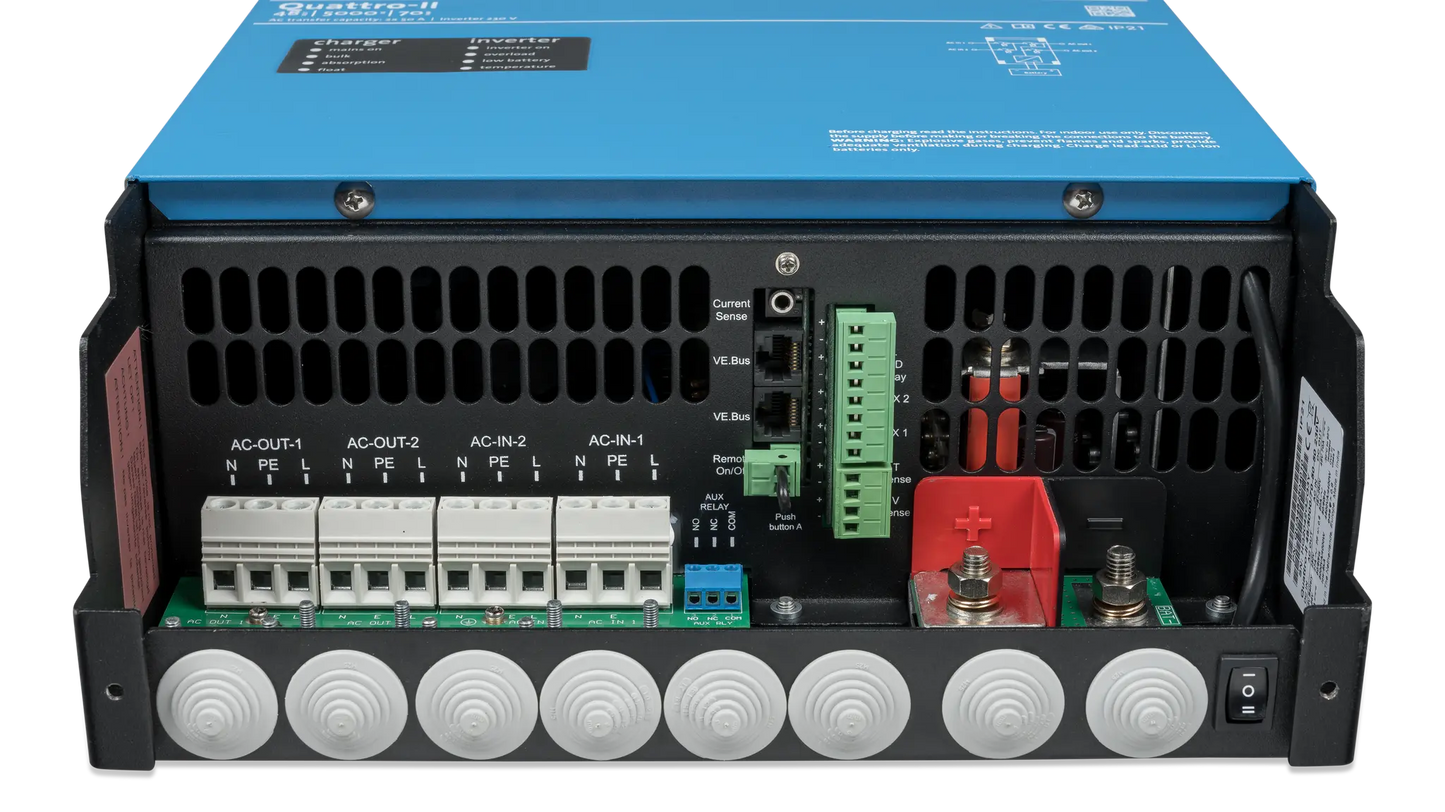 Back view of a power inverter with blue top and black body on a white background