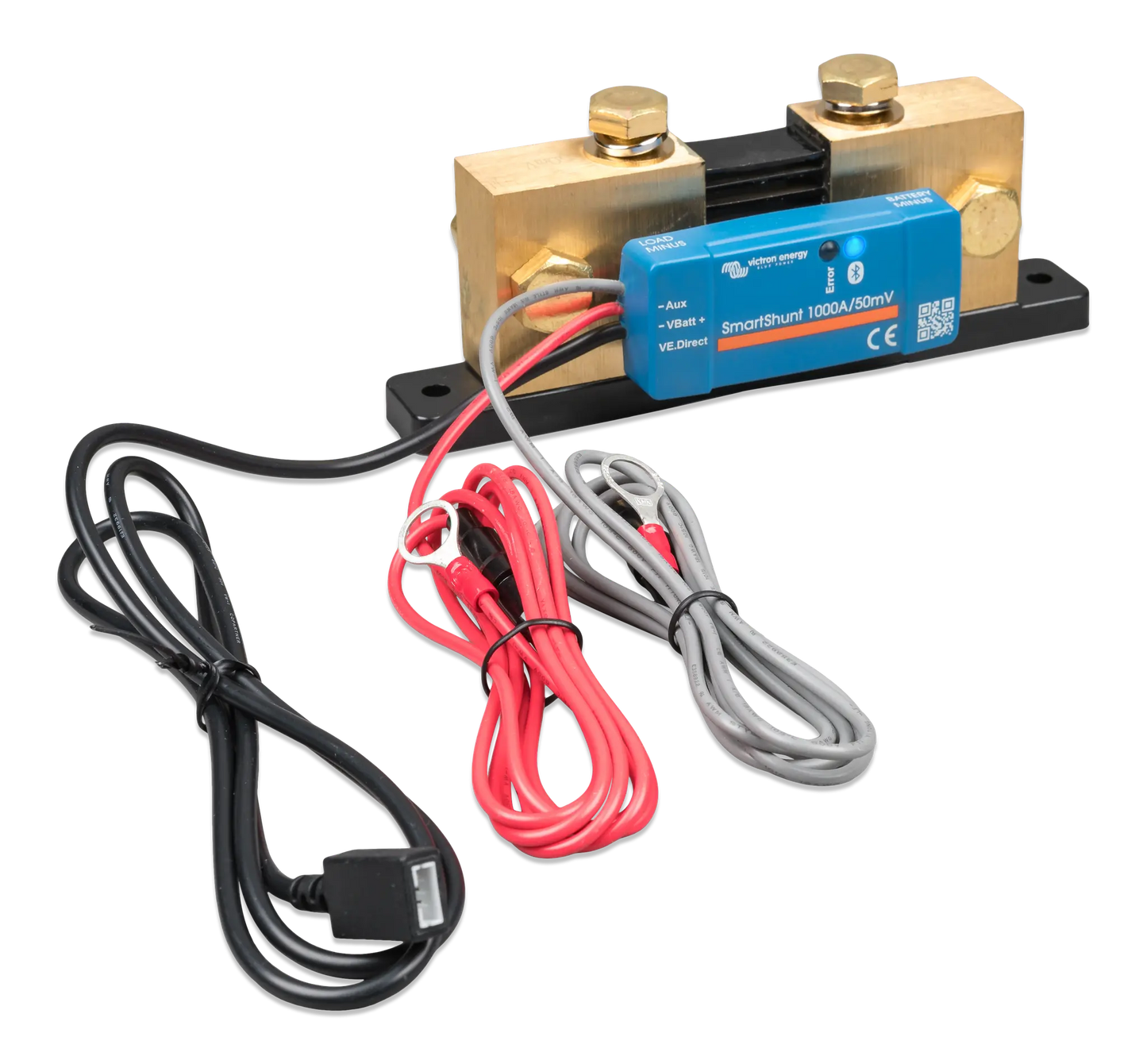 Electrical component with wiring and a blue connector on a white background