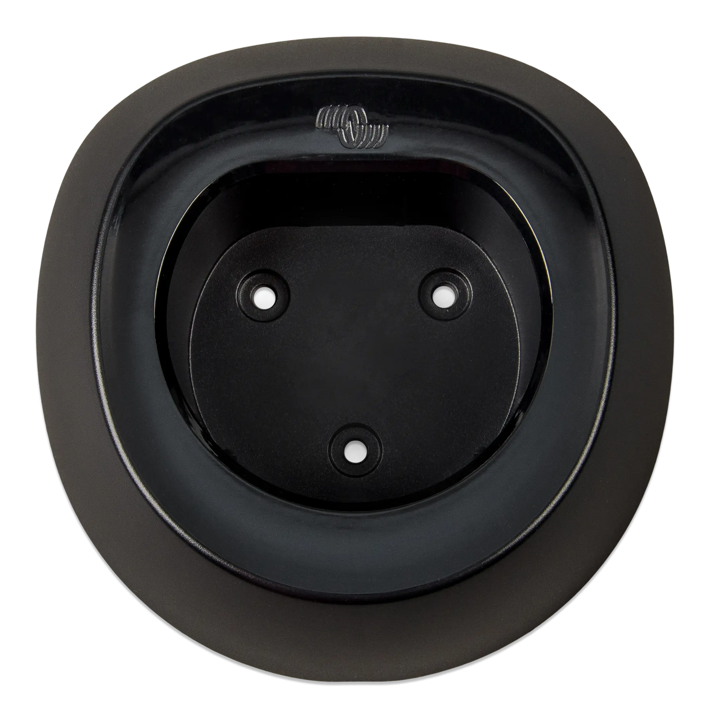 Black round sink drain cover with a visible brand logo on a white background