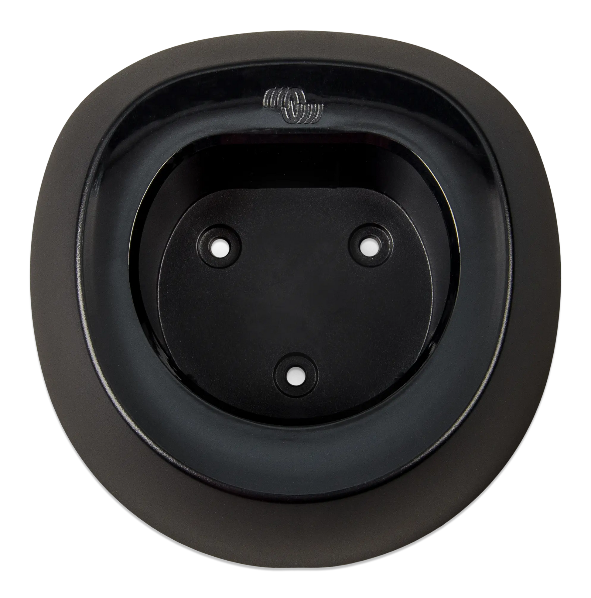 Black round sink drain cover with a visible brand logo on a white background