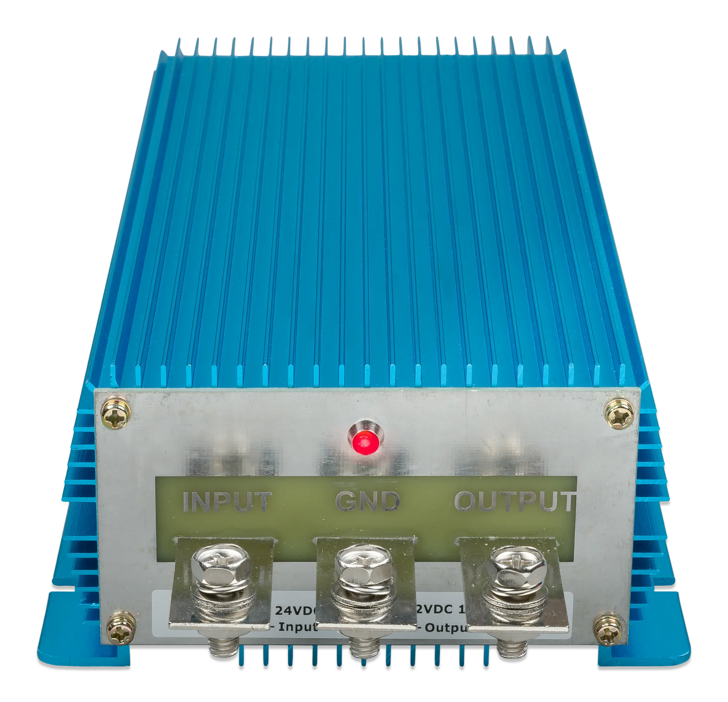 Blue electronic module with labeled inputs and outputs on a white background