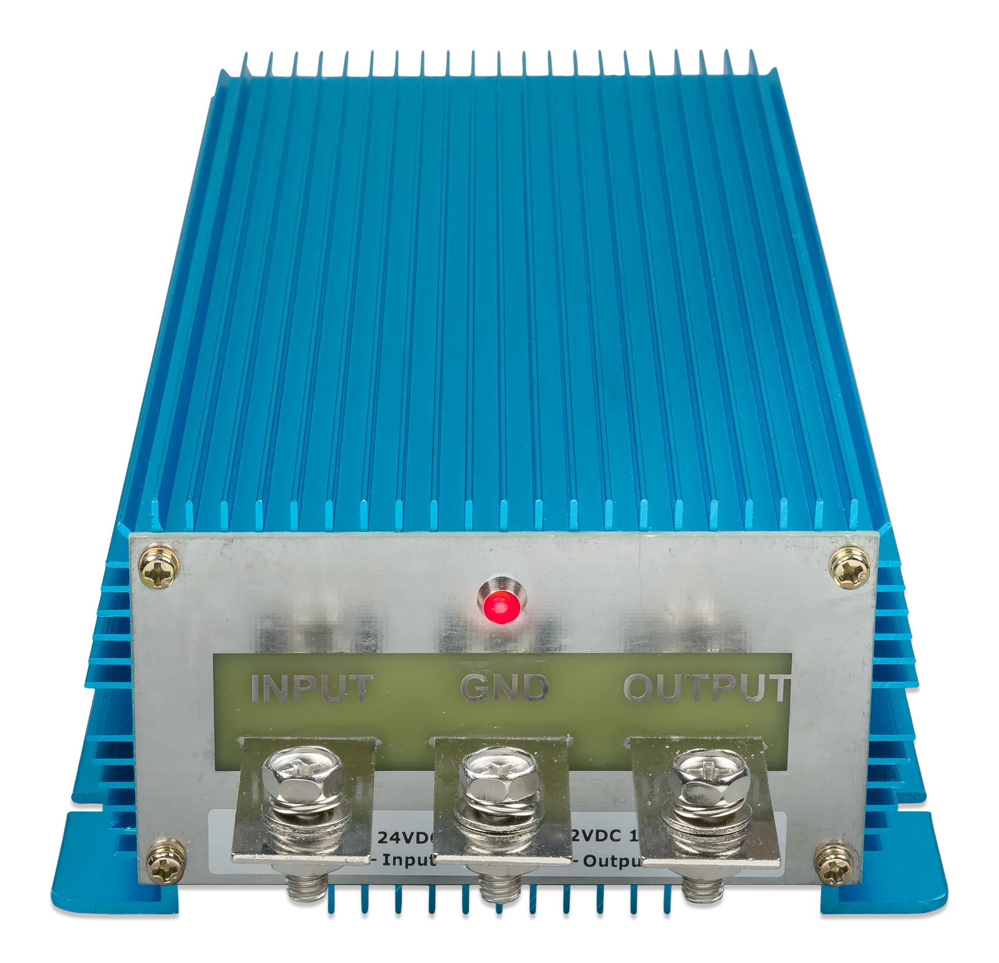 Blue electronic module with labeled inputs and outputs on a white background