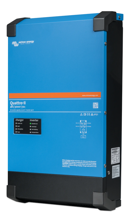 Blue and black power converter with Victron Energy branding on a white background