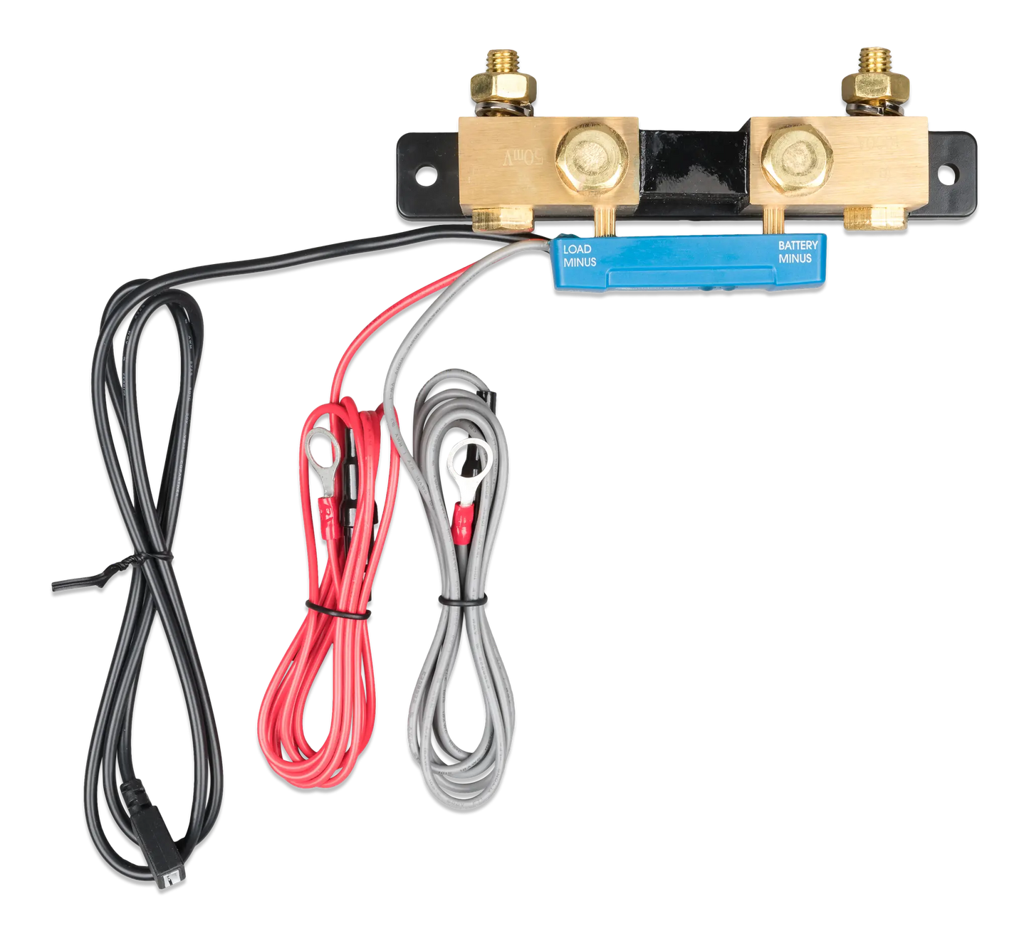 Electrical connector with red, black, and silver wires on a white background