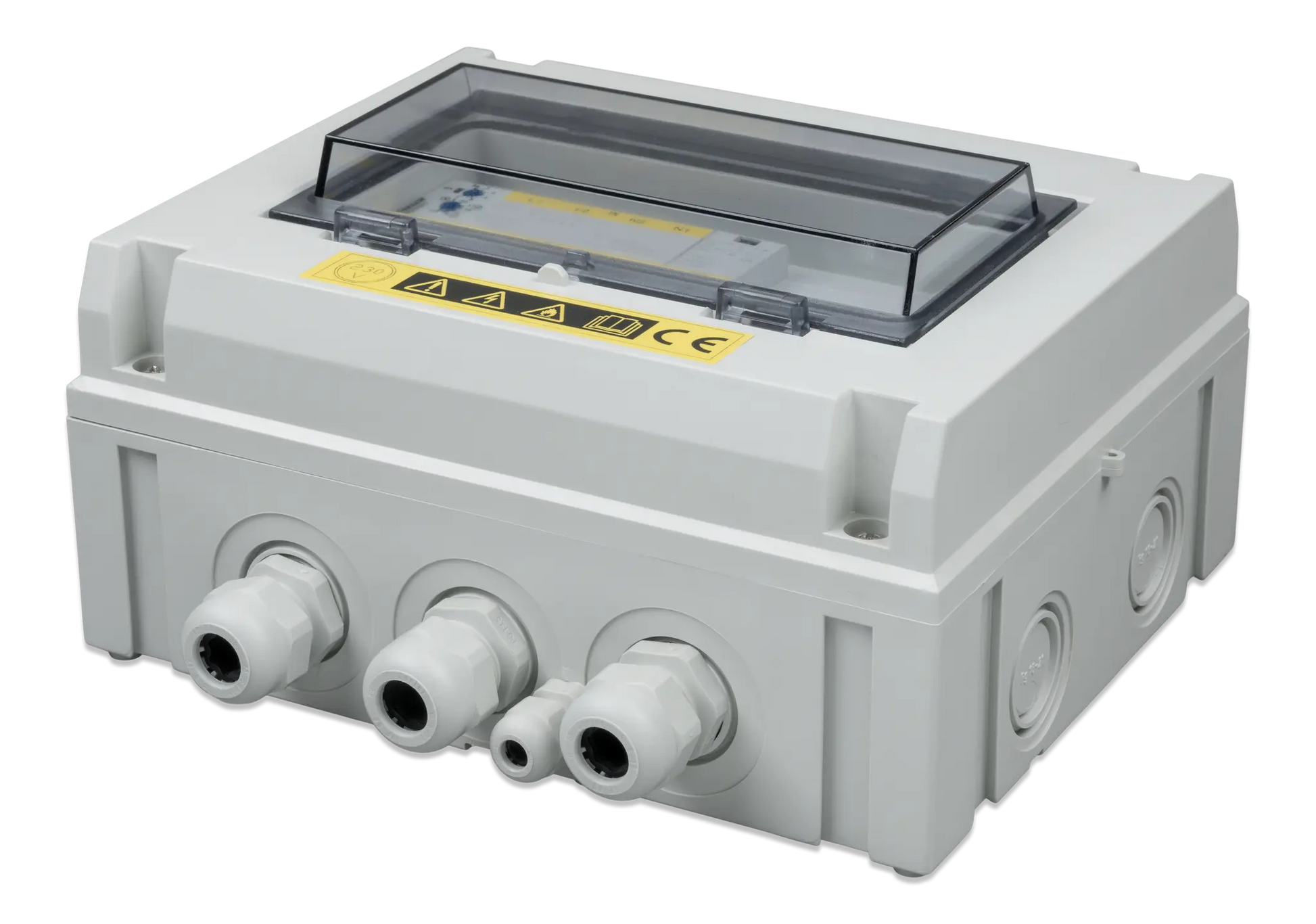 Gray electronic control box with three cylindrical ports on a white background