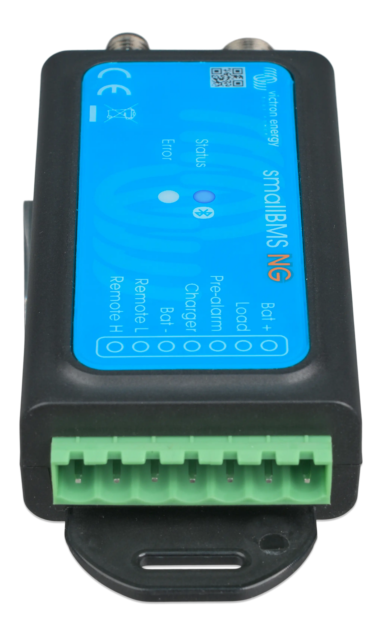 Electronic module with blue display and green connectors on a white background