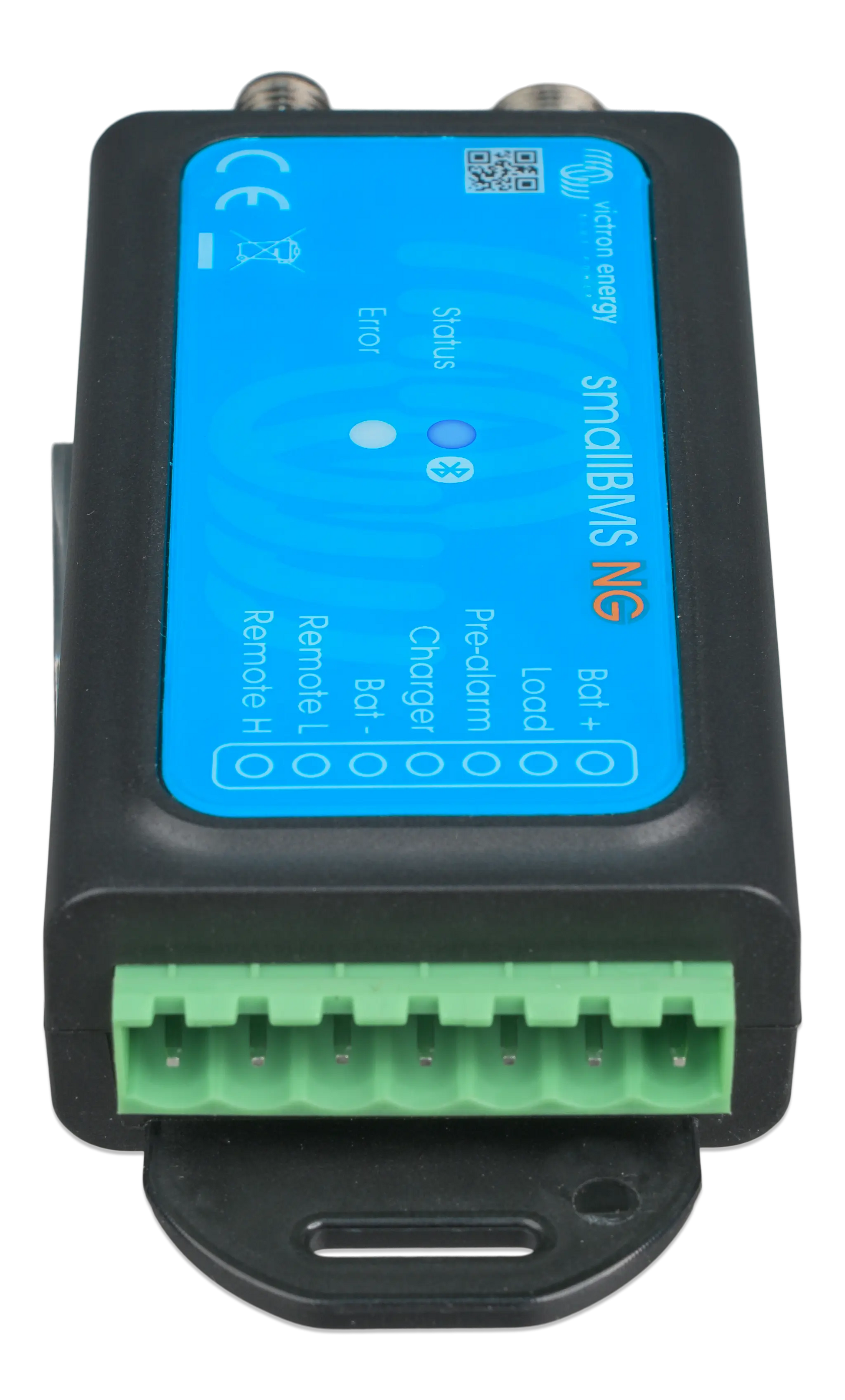 Electronic module with blue display and green connectors on a white background