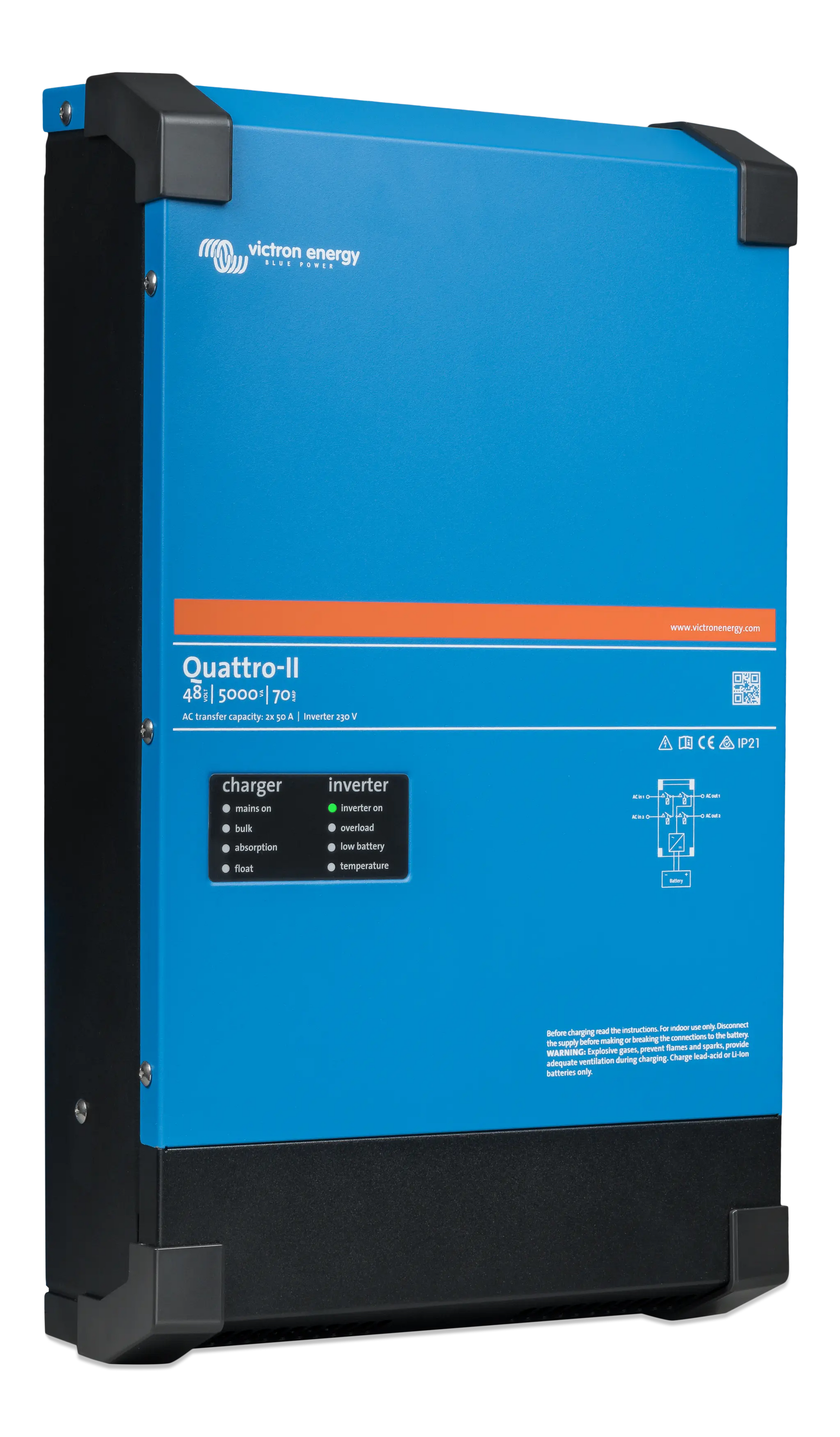 Blue power converter with black accents on a white background