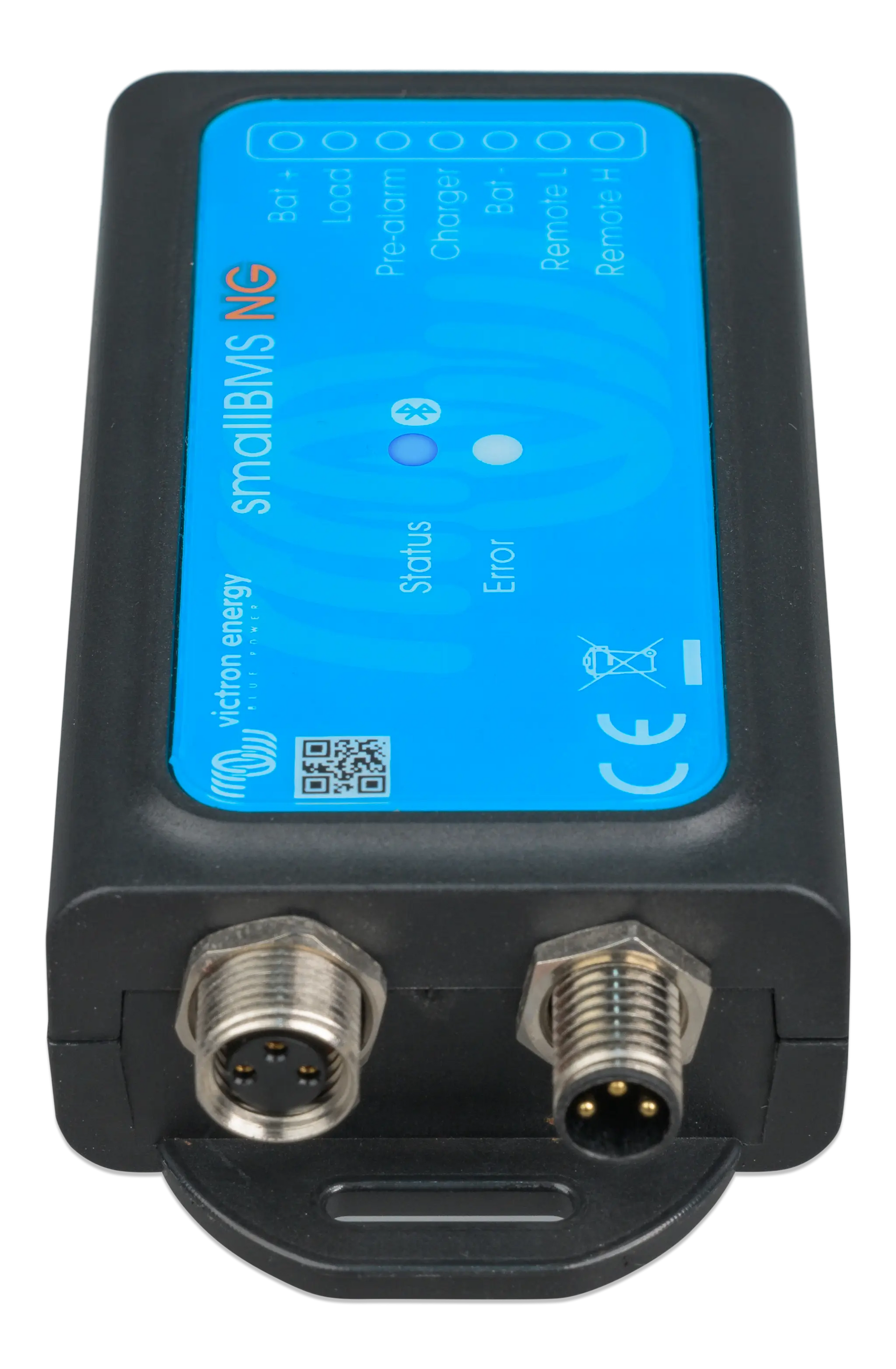 Black electronic device with a blue display on a white background