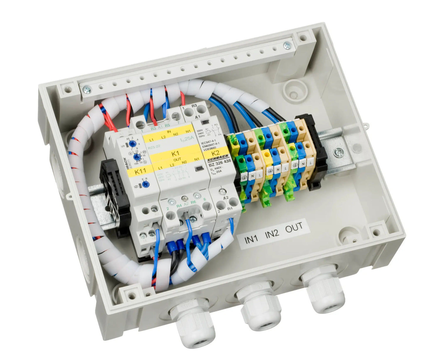 Electrical panel with wiring and components on a white background