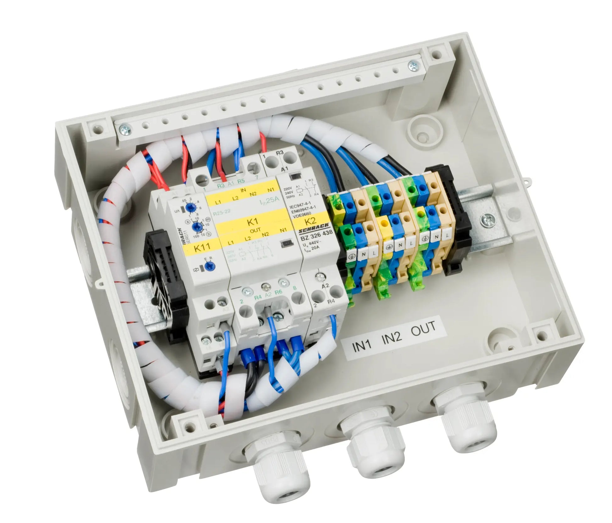 Electrical panel with wiring and components on a white background