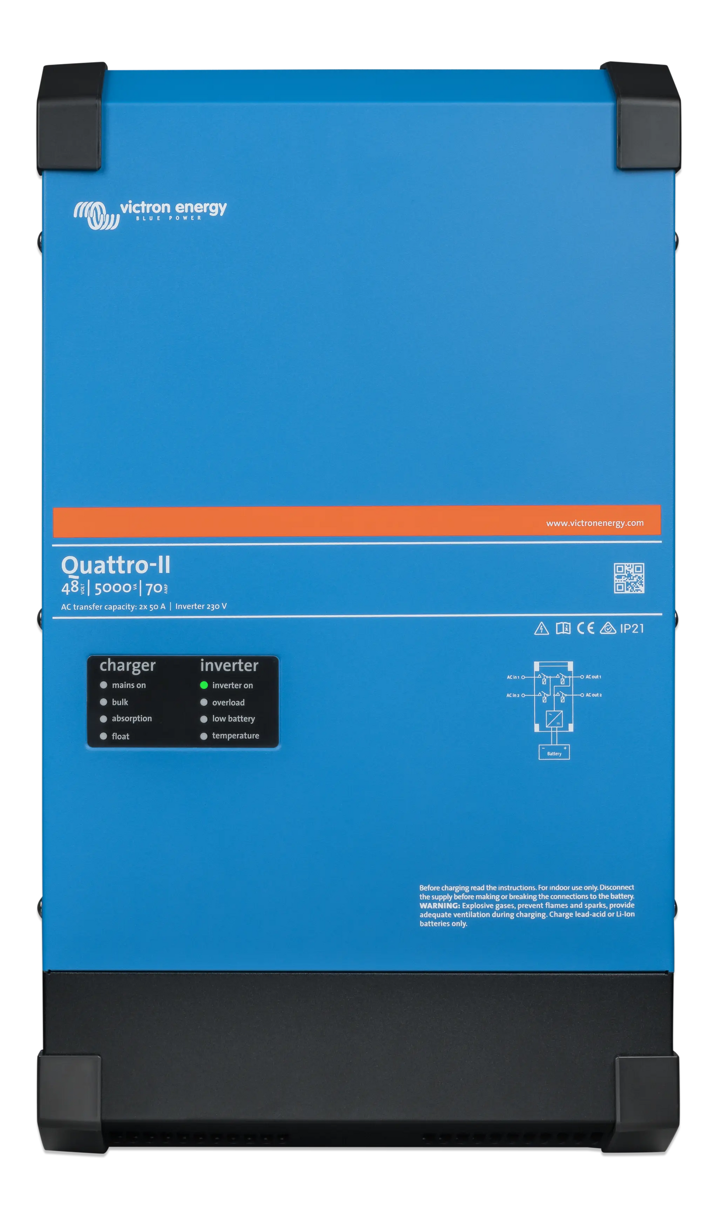 Blue and black power station with ' Victron Energy' branding on a white background