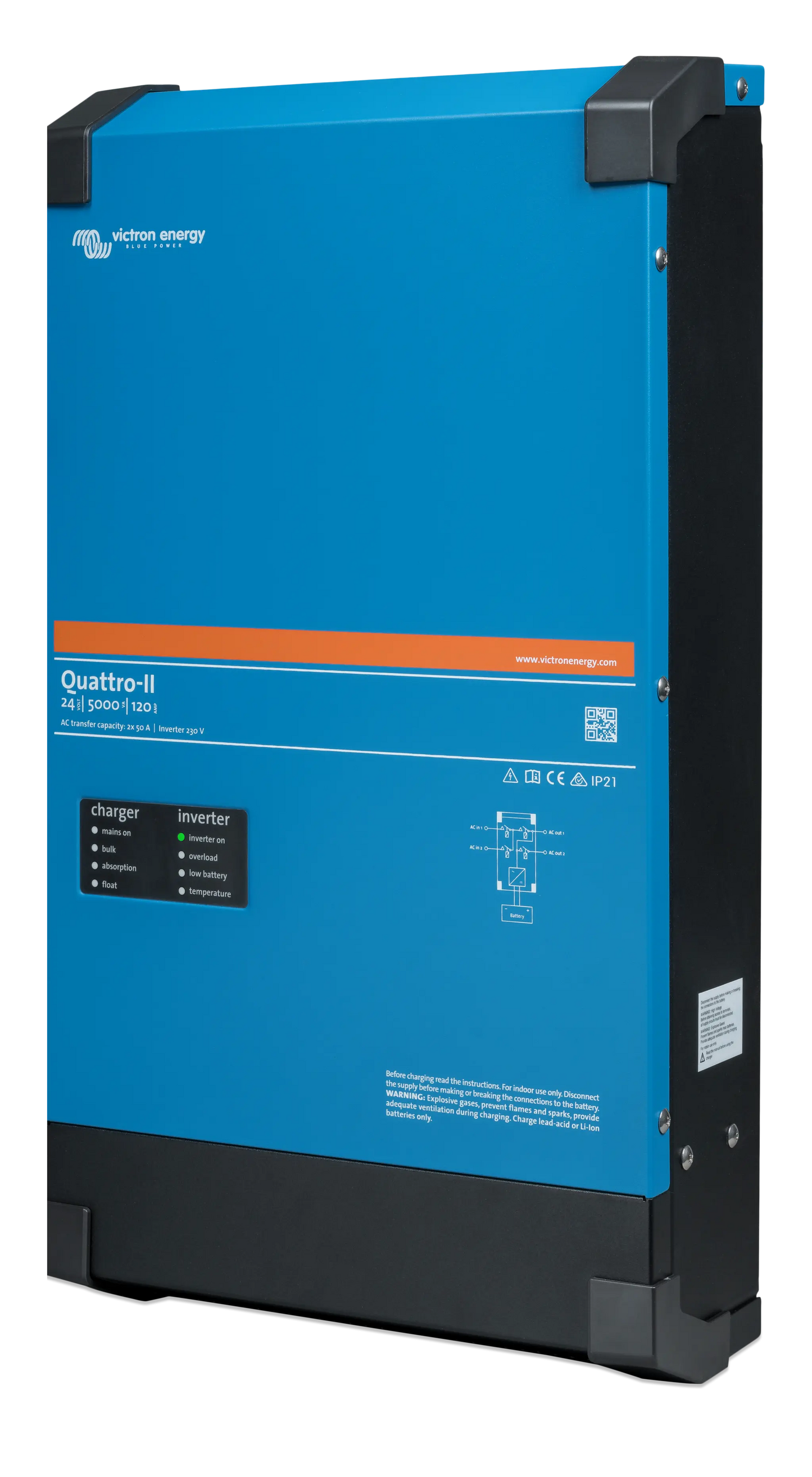 Blue battery charger with black and orange accents on a white background