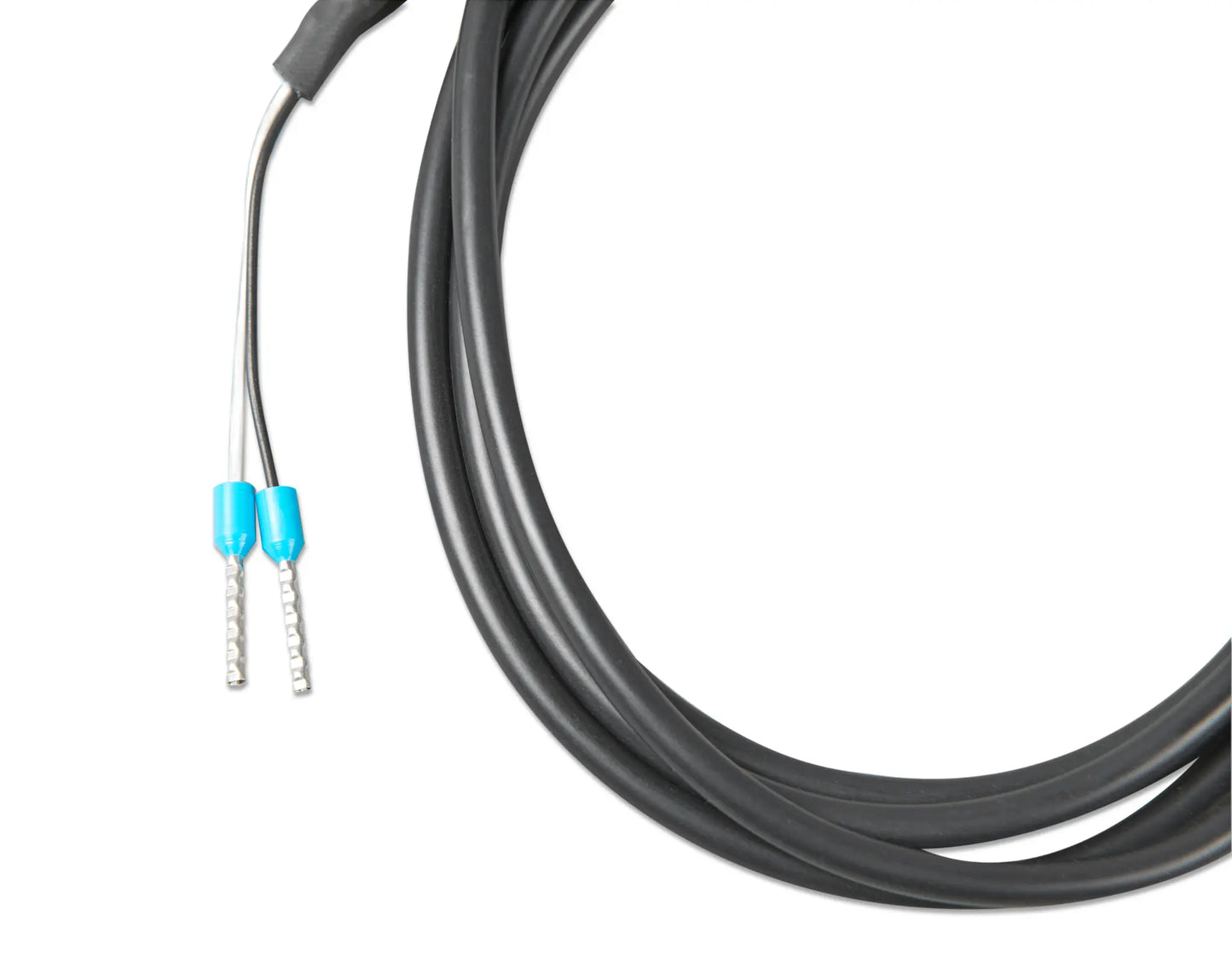 Coiled cable with blue connectors on a white background