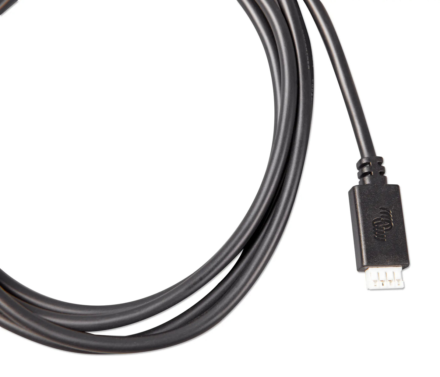 Black cable with a connector on a white background