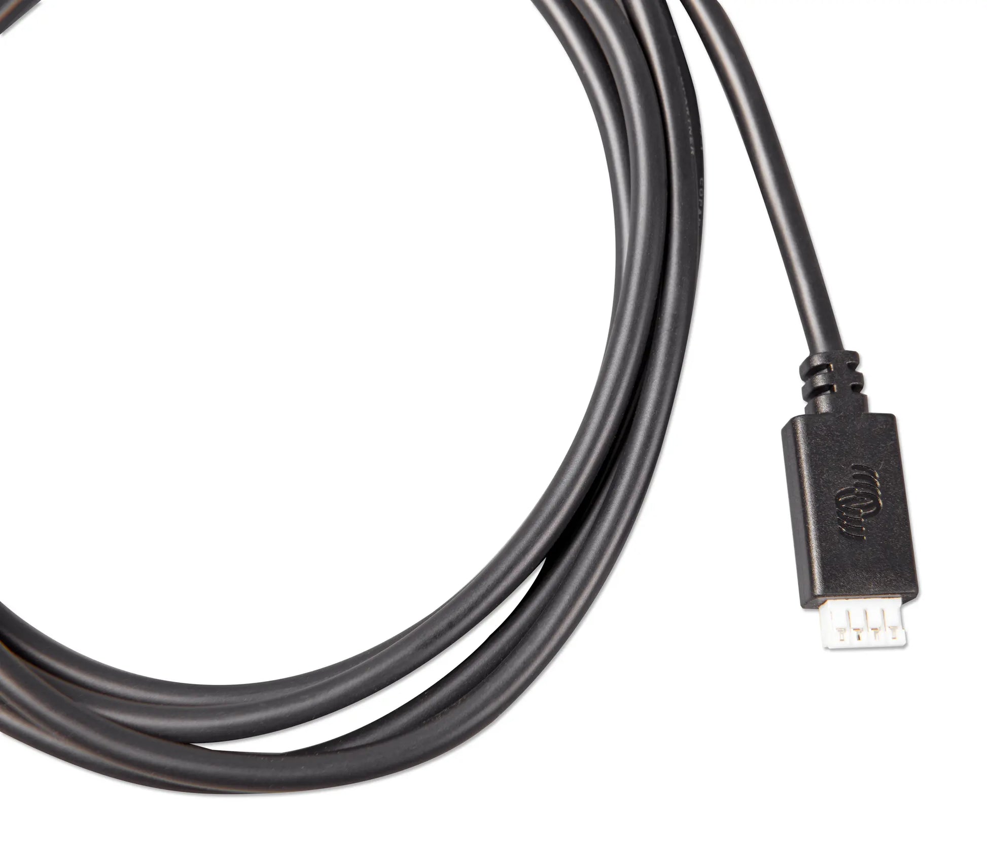Black cable with a connector on a white background