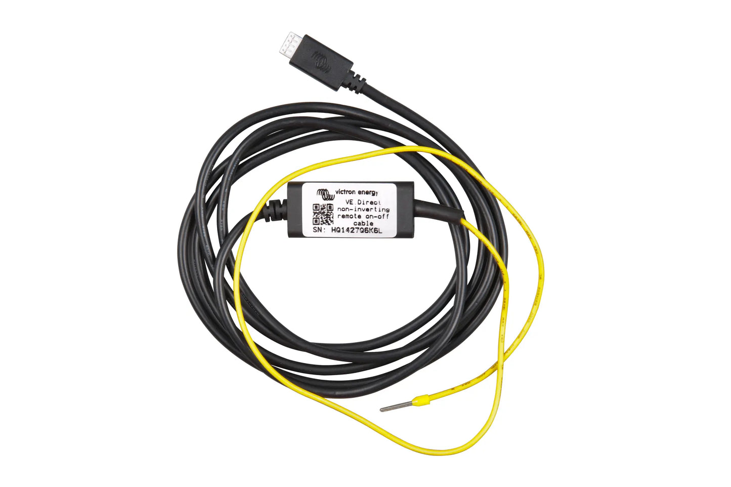 Sensor with black cable and yellow wire on a white background