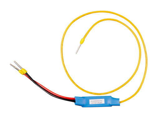 Temperature sensor with yellow cable and blue junction box on a white background