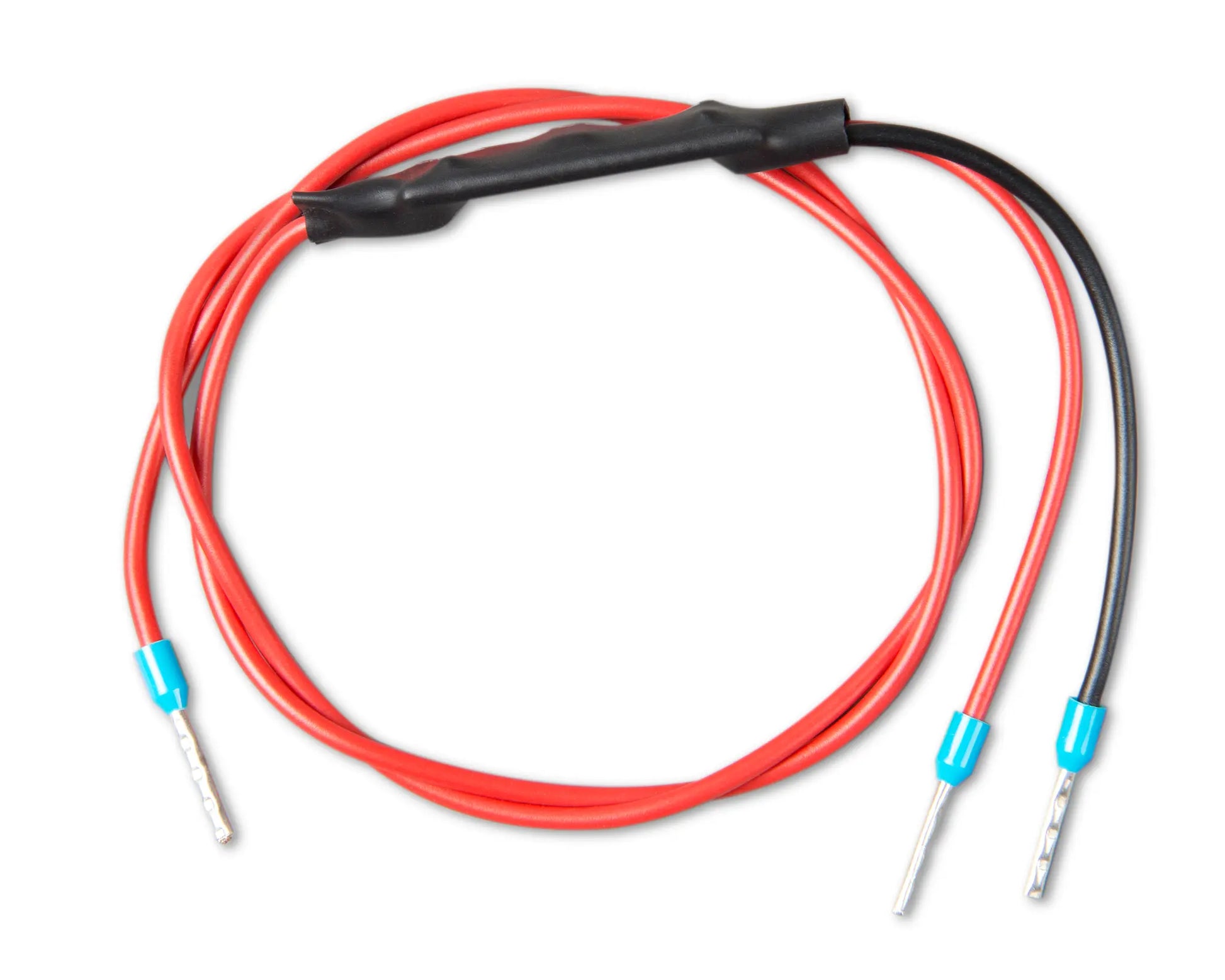 Coiled red cable with black and blue connectors on a white background