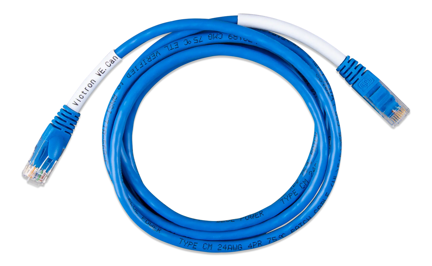 Blue Ethernet cable with white connector on a white background