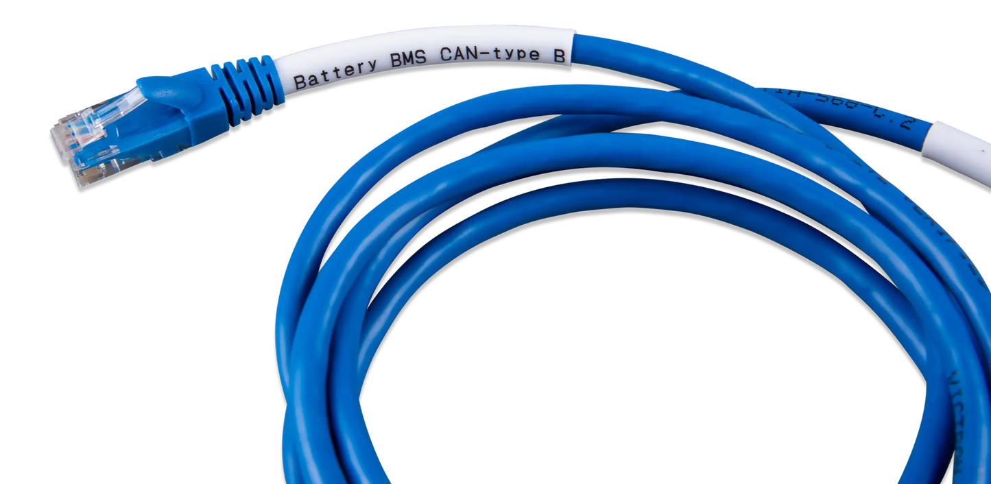Blue Ethernet cable with white label on a white background