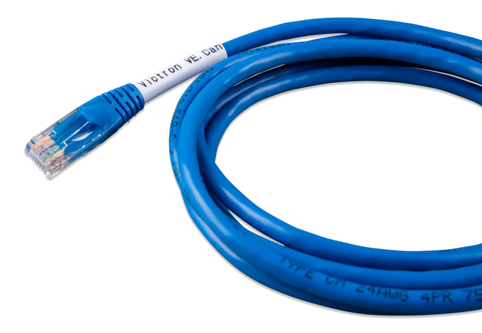 Blue Ethernet cable with white label on a white background