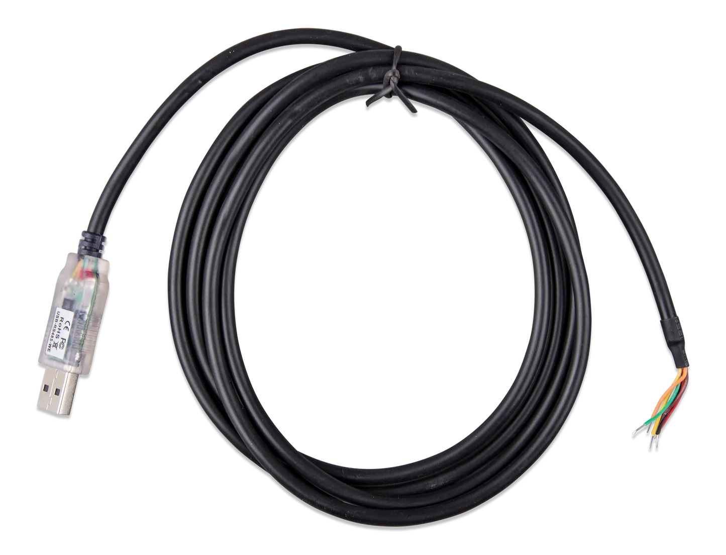 Coiled black cable with a sensor on a white background