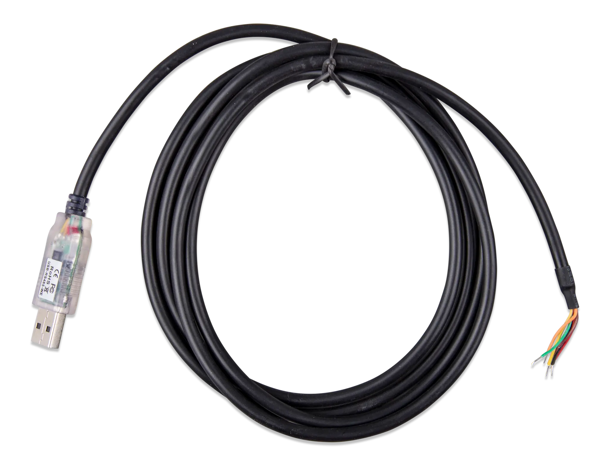 Coiled black cable with a sensor on a white background
