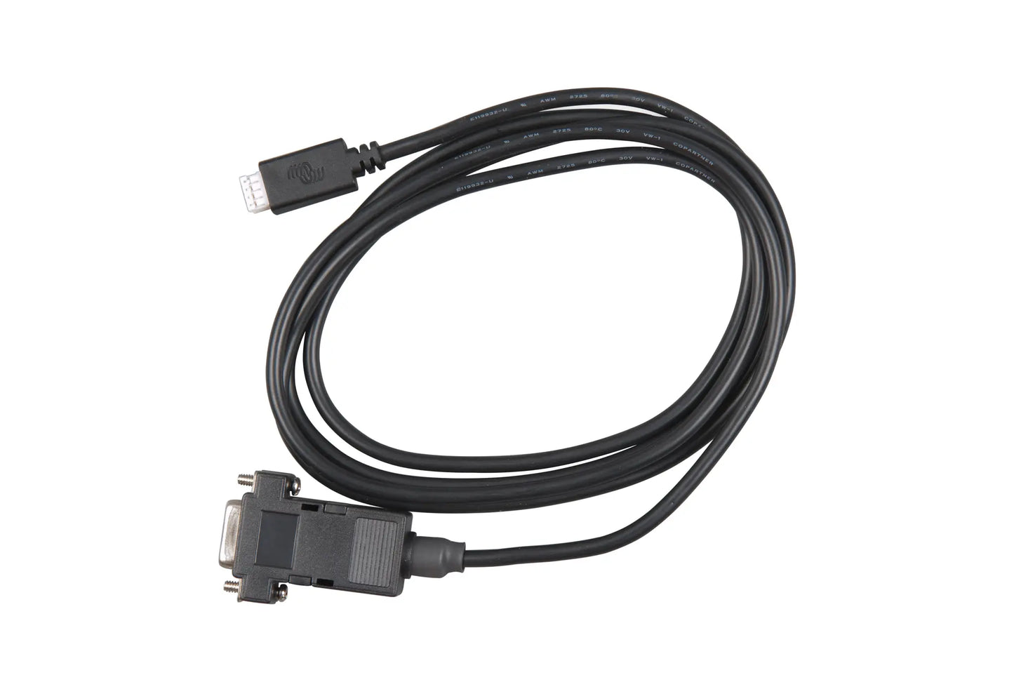 Black USB to serial cable on a white background