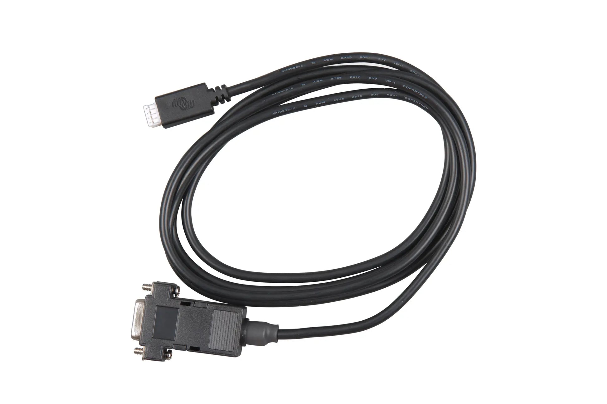 Black USB to serial cable on a white background