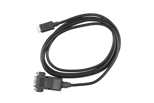 Black USB to serial cable on a white background