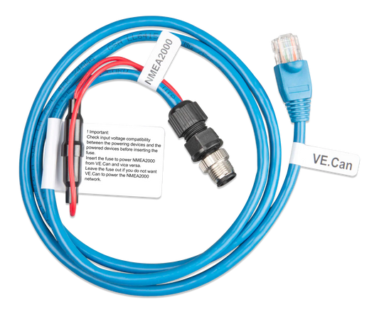Blue cable with connectors and labels on a white background