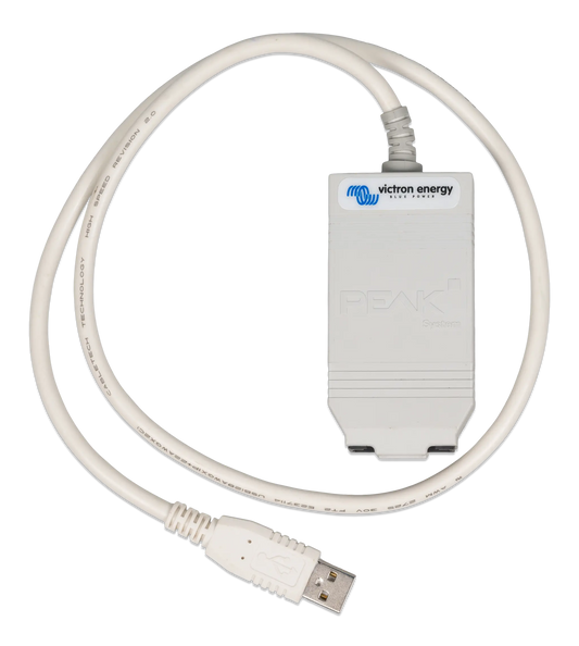White USB cable with a device attached, branded 'Victron Energy', on a white background
