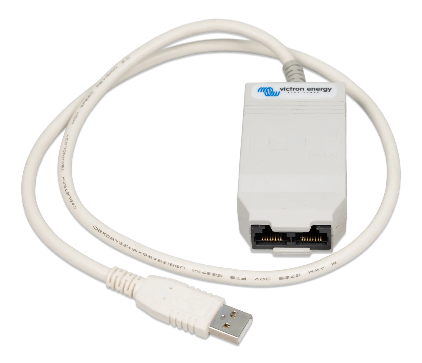 White USB cable with electronic device on a white background