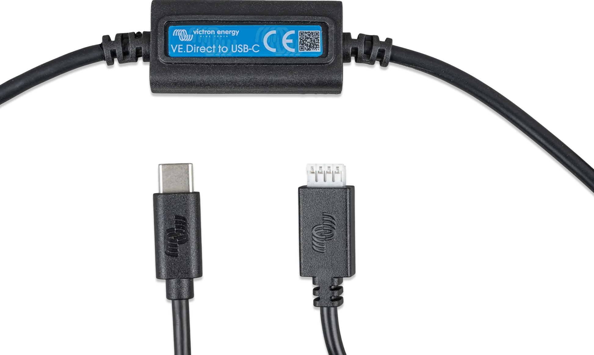 Black USB-C cable with connectors on a white background