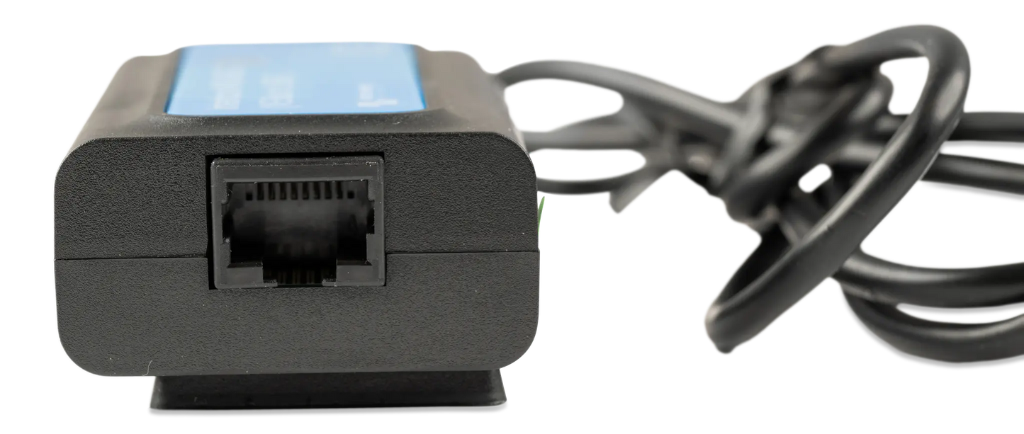 Black electronic device with a blue light and cable on a white background