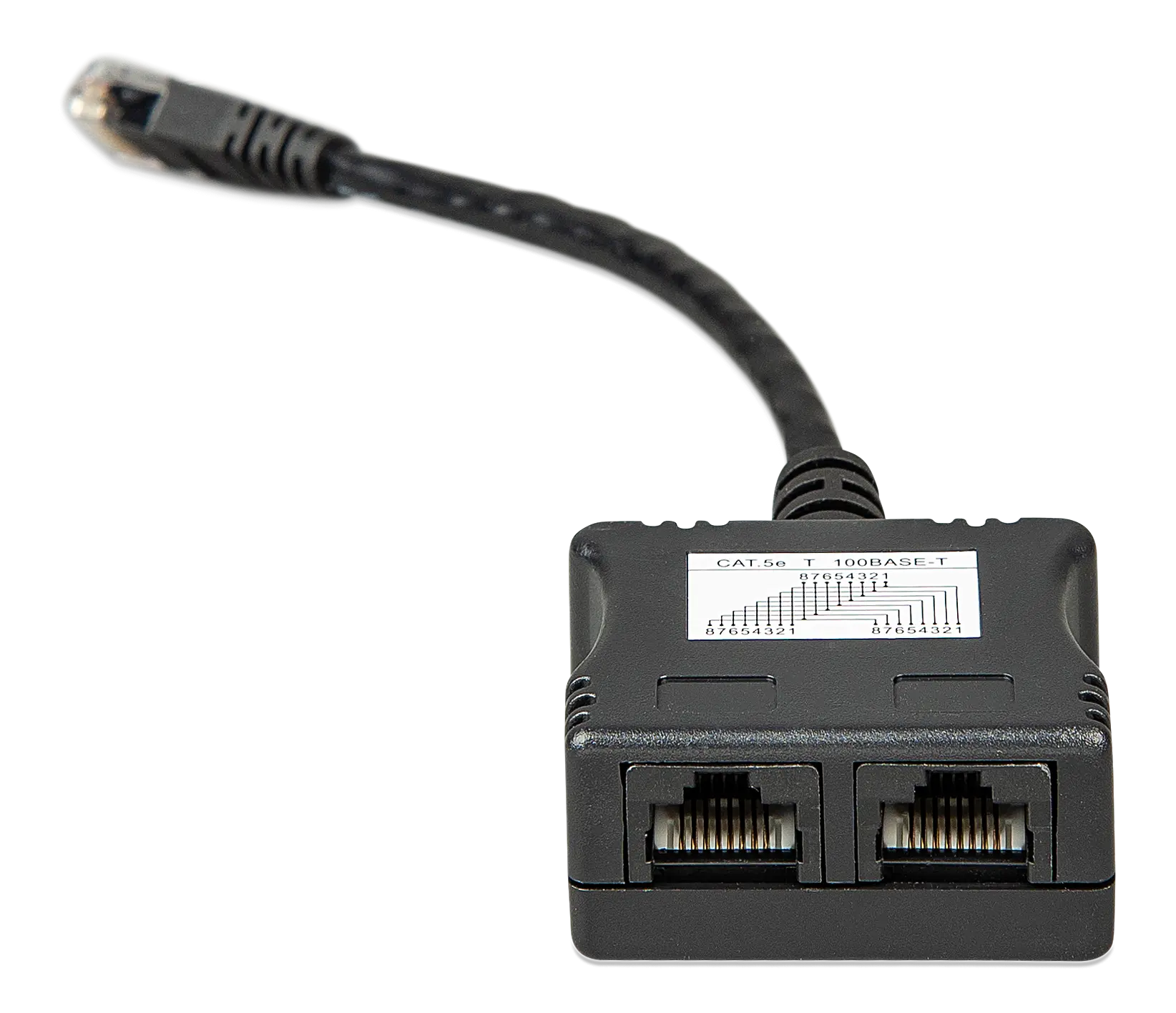 Network adapter with two Ethernet ports and a cable on a white background