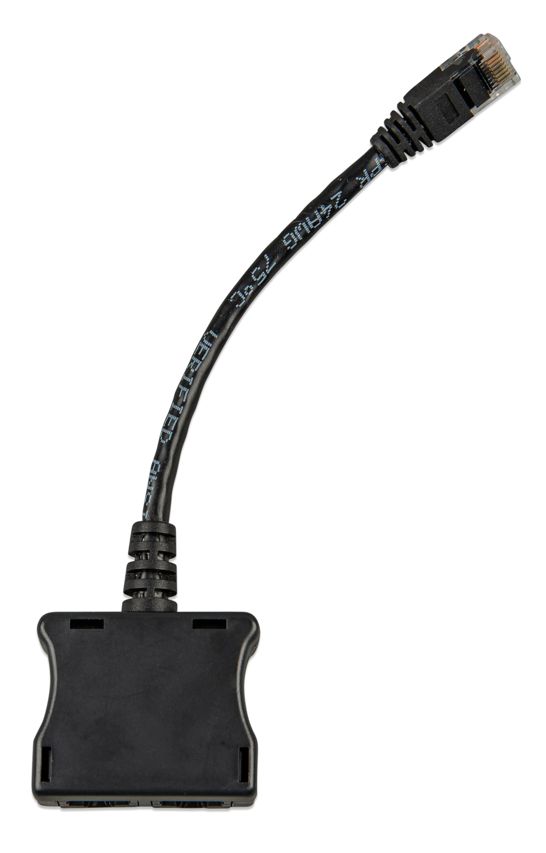 Black Ethernet cable connector on a white background